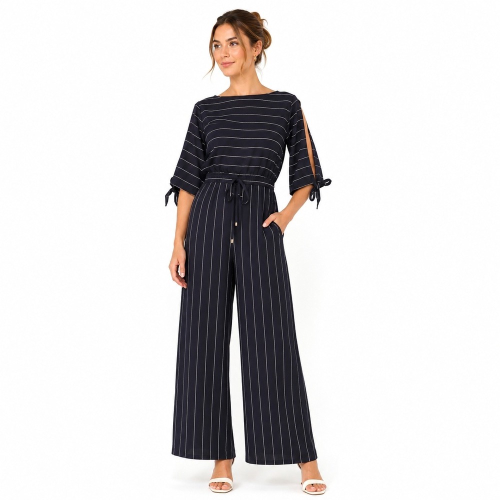 Lauren Ralph Lauren Jumpsuit 6 Black Pinstripe Split Sleeve Nautical Preppy NWT